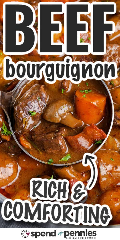 rich and comforting Beef Bourguignon with writing