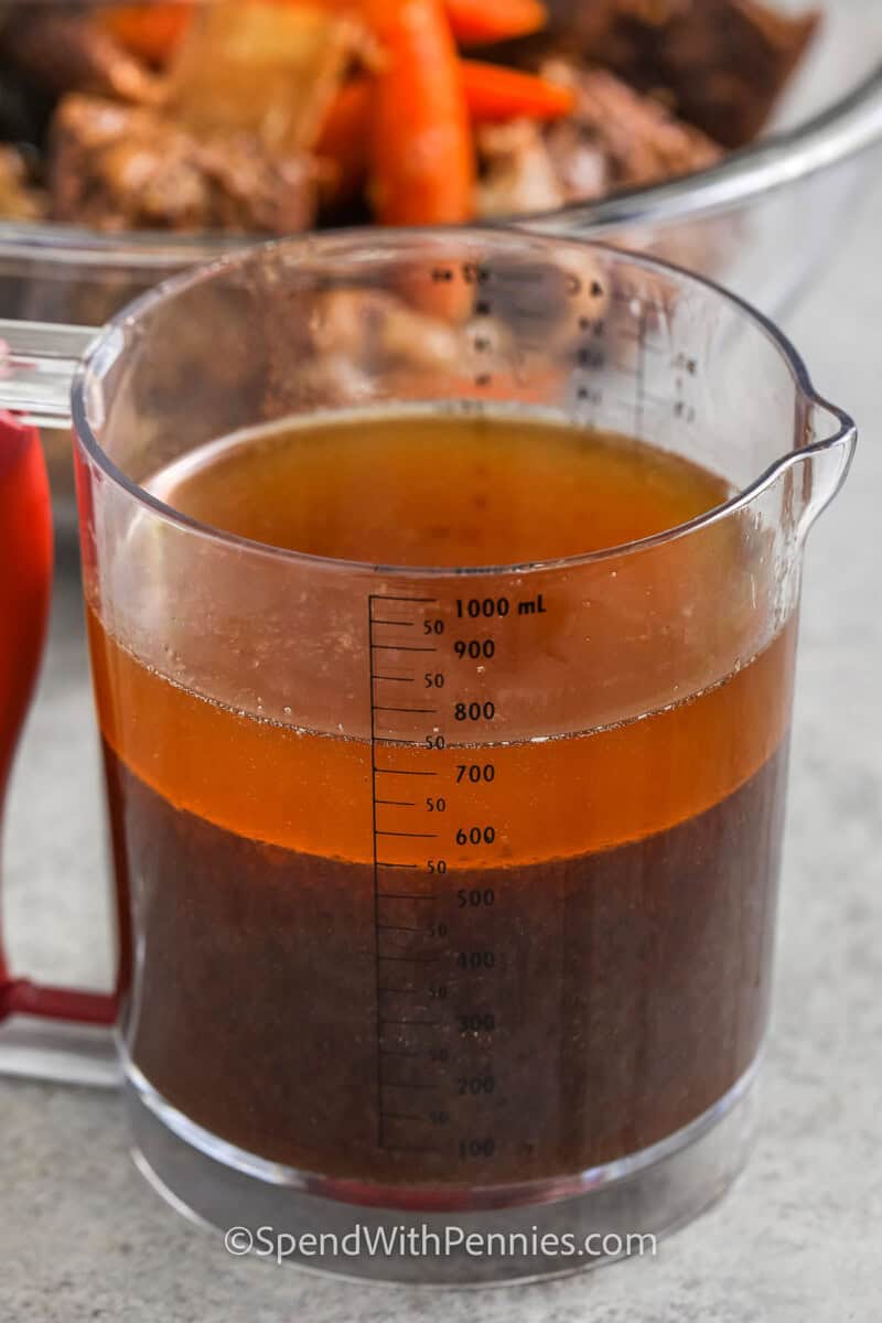 liquid from Slow Cooker Short Ribs in a measuring cup