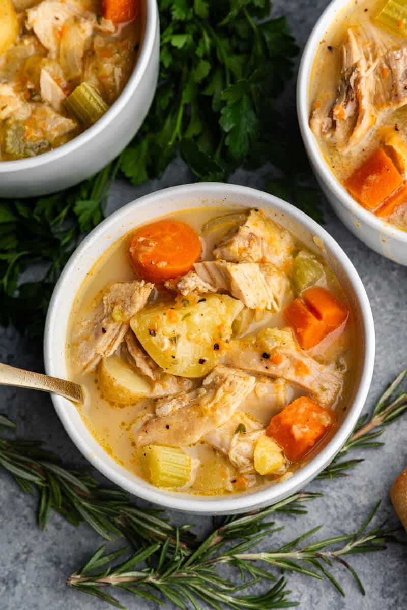 slow cooker turkey soup in white bowl