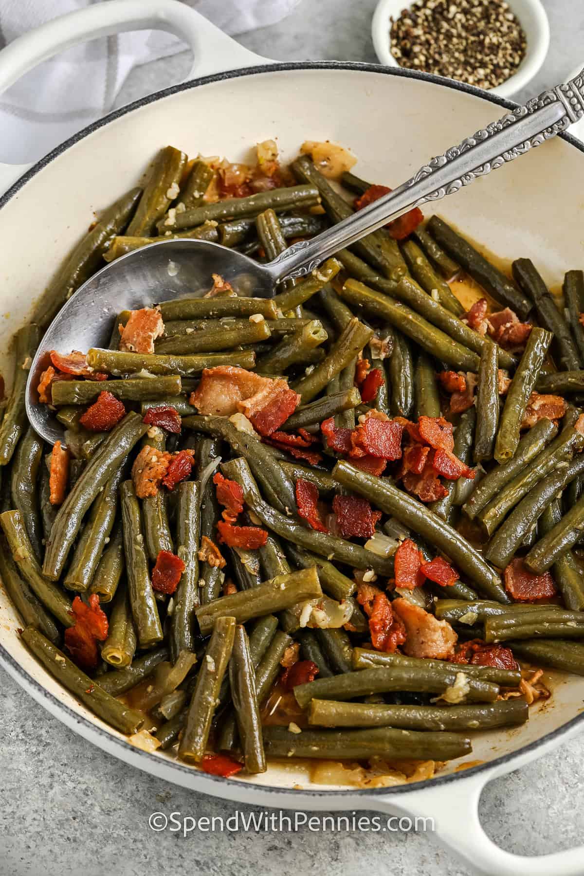 pan of Southern Green Beans with a spoon