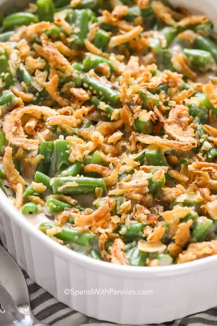 Green Bean Casserole in a white baking dish