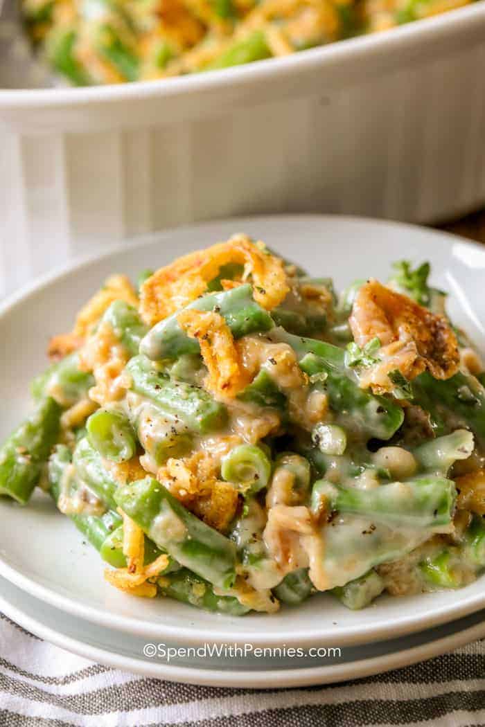 Green Bean Casserole on a white plate