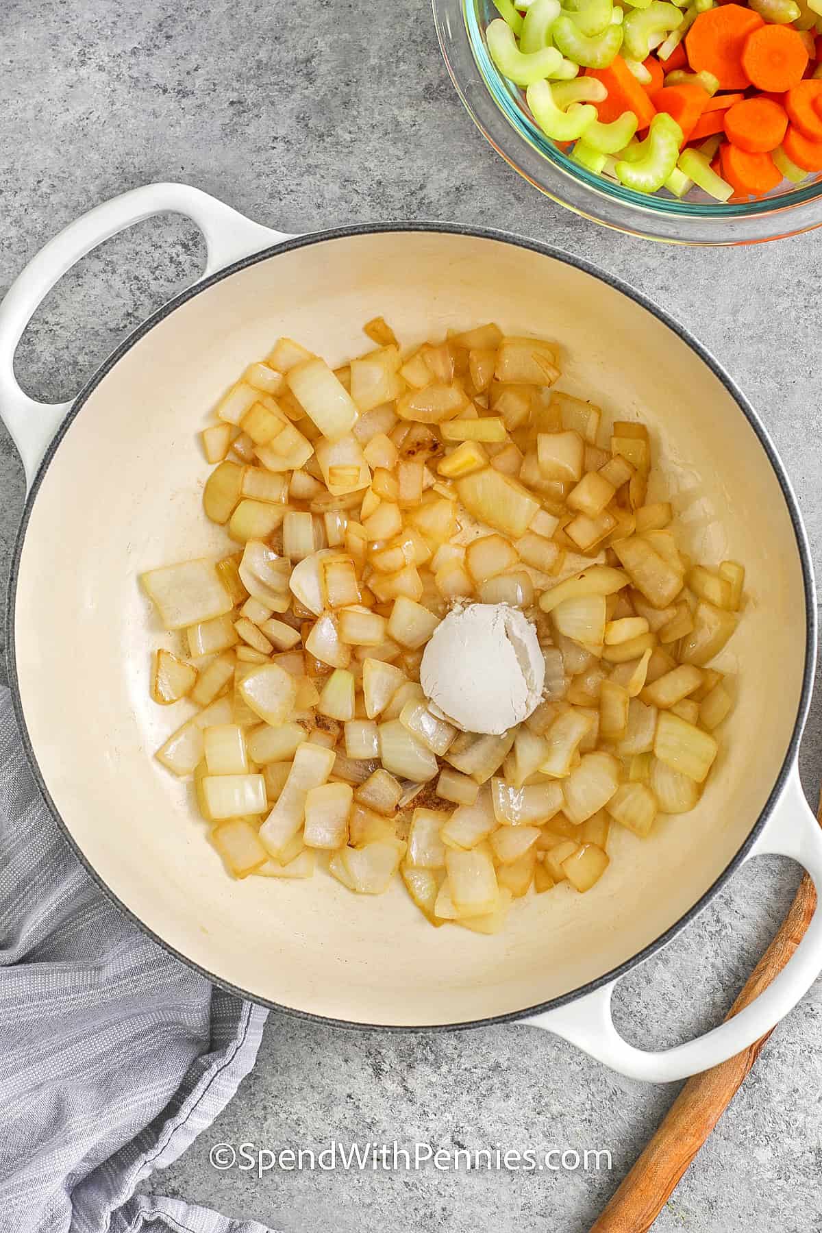 onions and flour in a Dutch oven for turkey soup