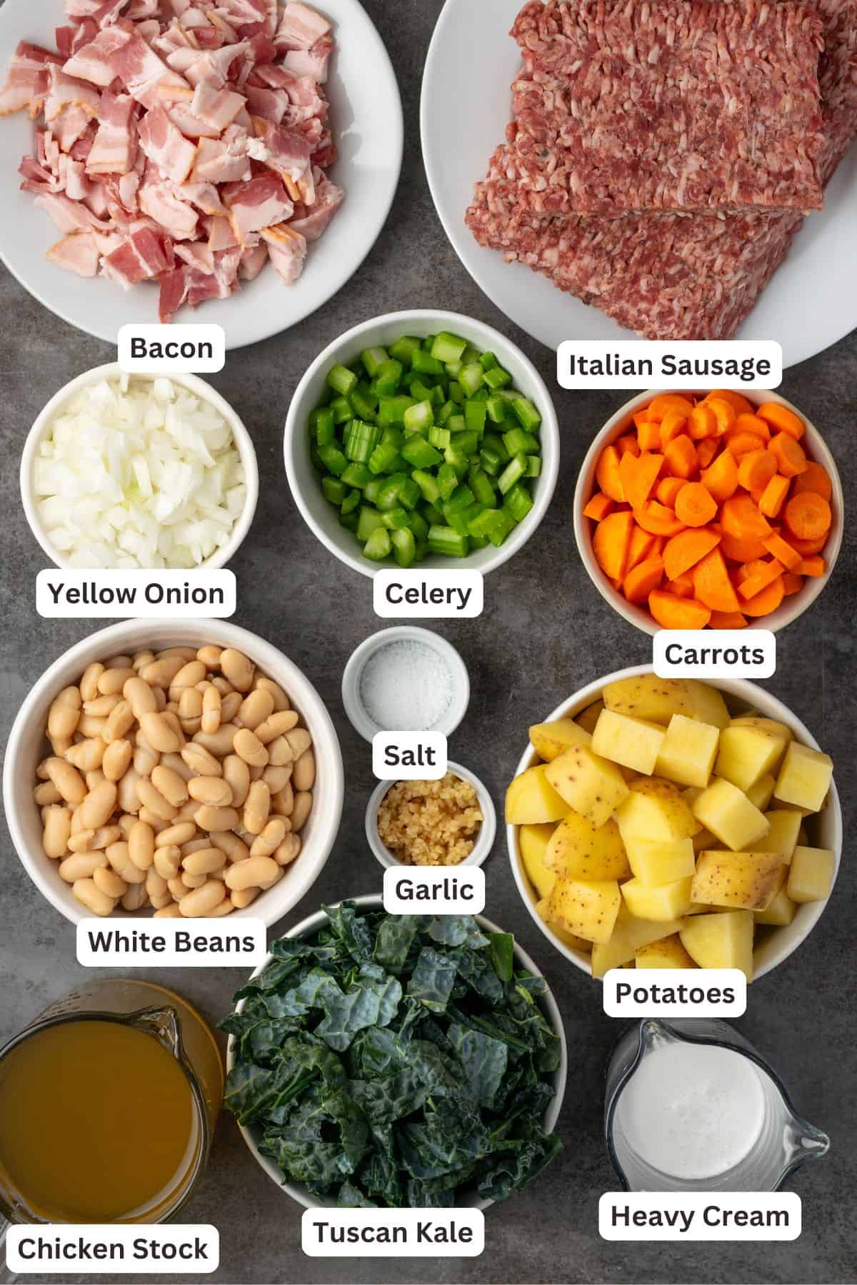 Zuppa Toscana ingredients with text labels overlaying each ingredient.