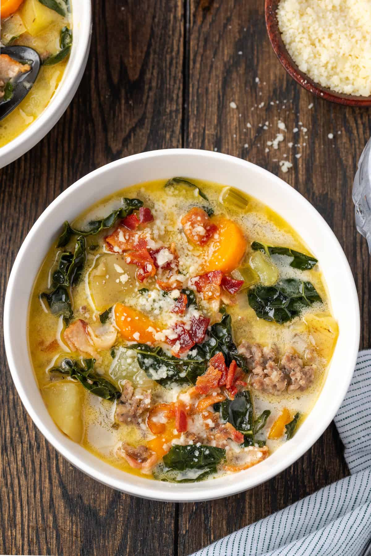 Overhead view of a bowl of Zuppa Toscana.