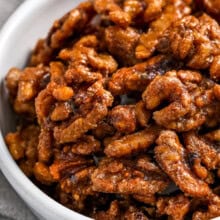 close up of bowl of Candied Walnuts