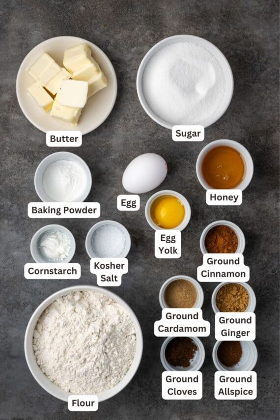 Chai sugar cookie ingredients with text labels overlaying each ingredient.