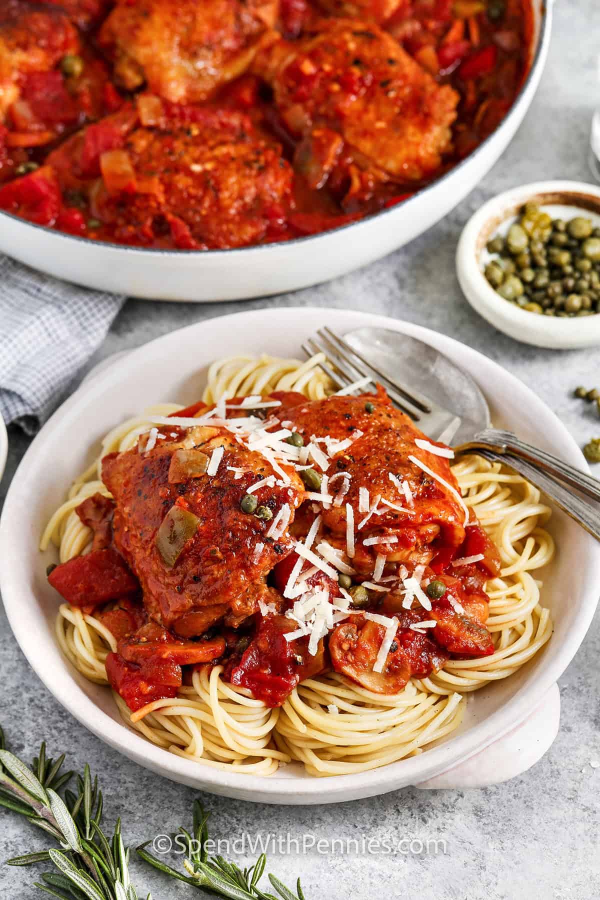 bowl of Chicken Cacciatore on spaghetti