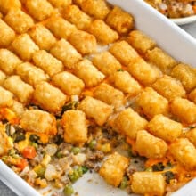 cheesy Classic Tater Tot Casserole in a casserole dish