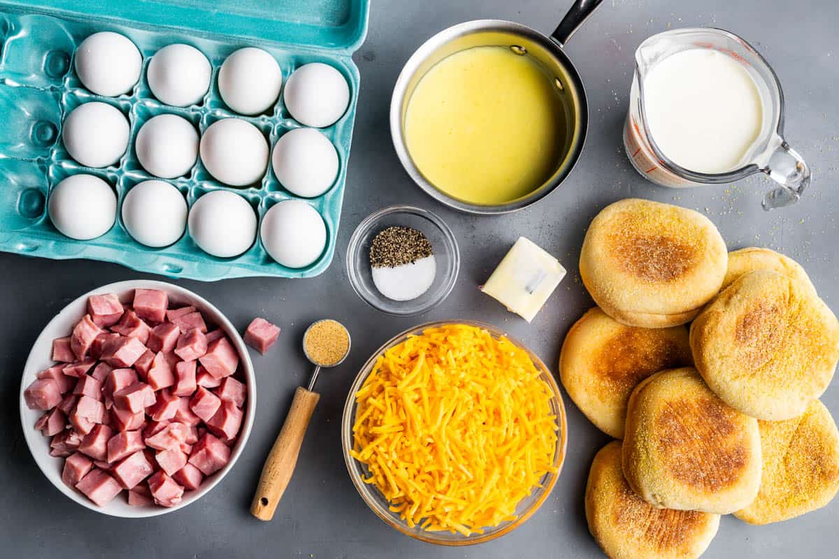 An overhead view of the ingredients needed to make eggs benedict casserole.