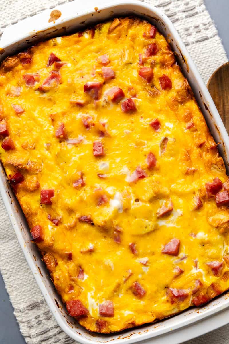 An overhead view of a pan of eggs benedict casserole.