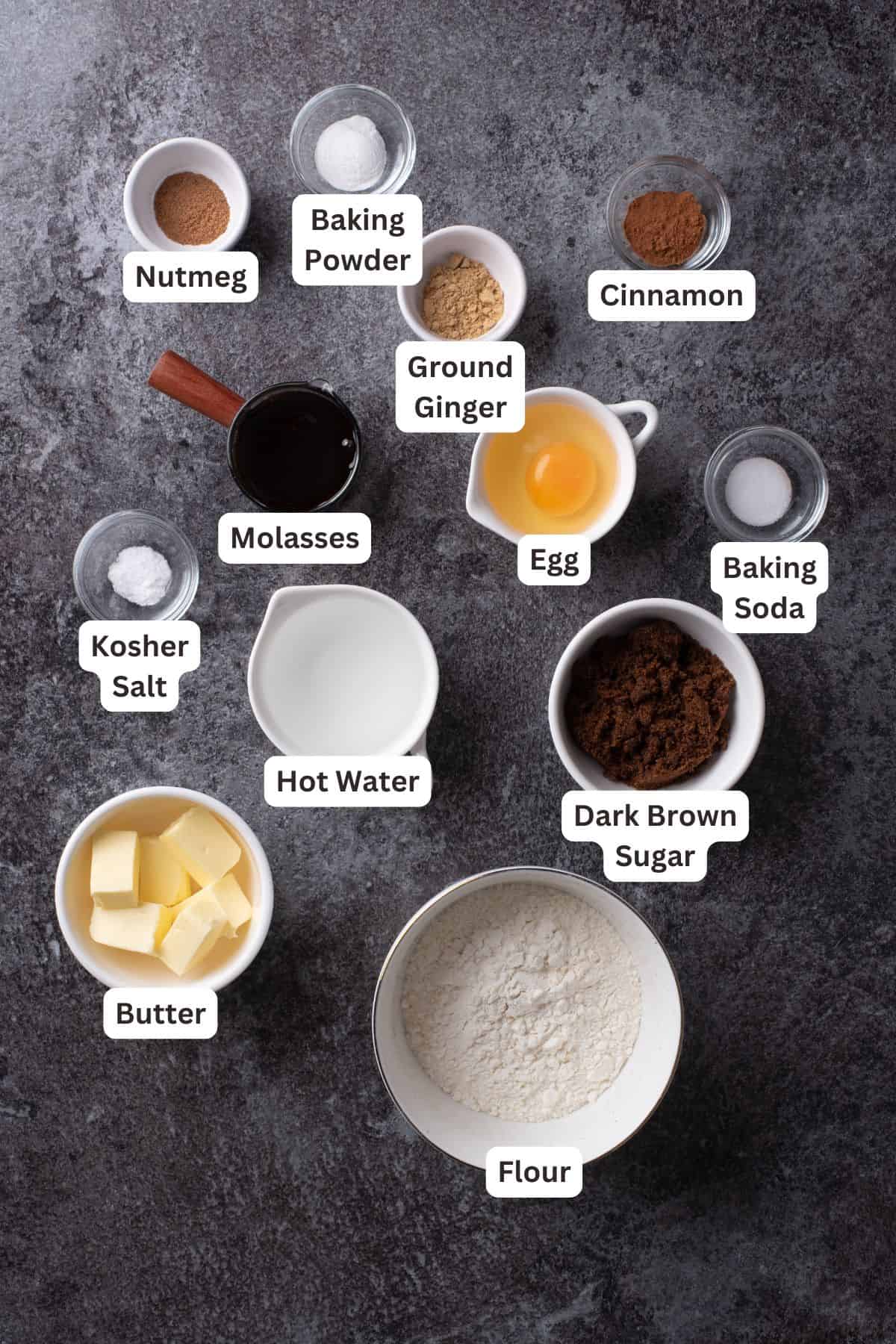 Gingerbread cupcake ingredients with text labels overlaying each ingredient.