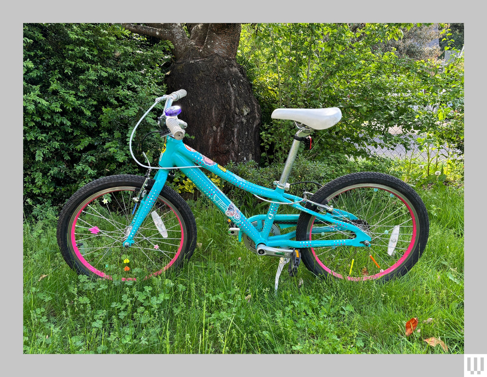 Blue manual bike upright in the grass with trees in the distance