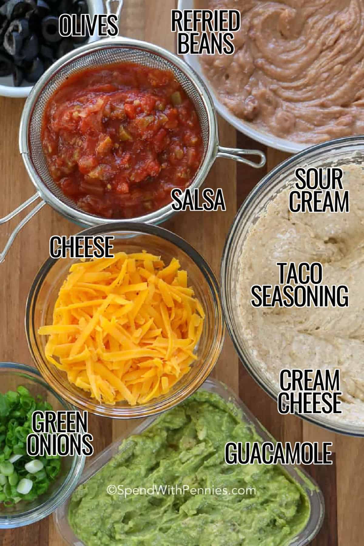 olives , refried beans , salsa , sour cream , taco seasoning , cream cheese , cheese , green onions , guacamole with labels to make 7 Layer Dip