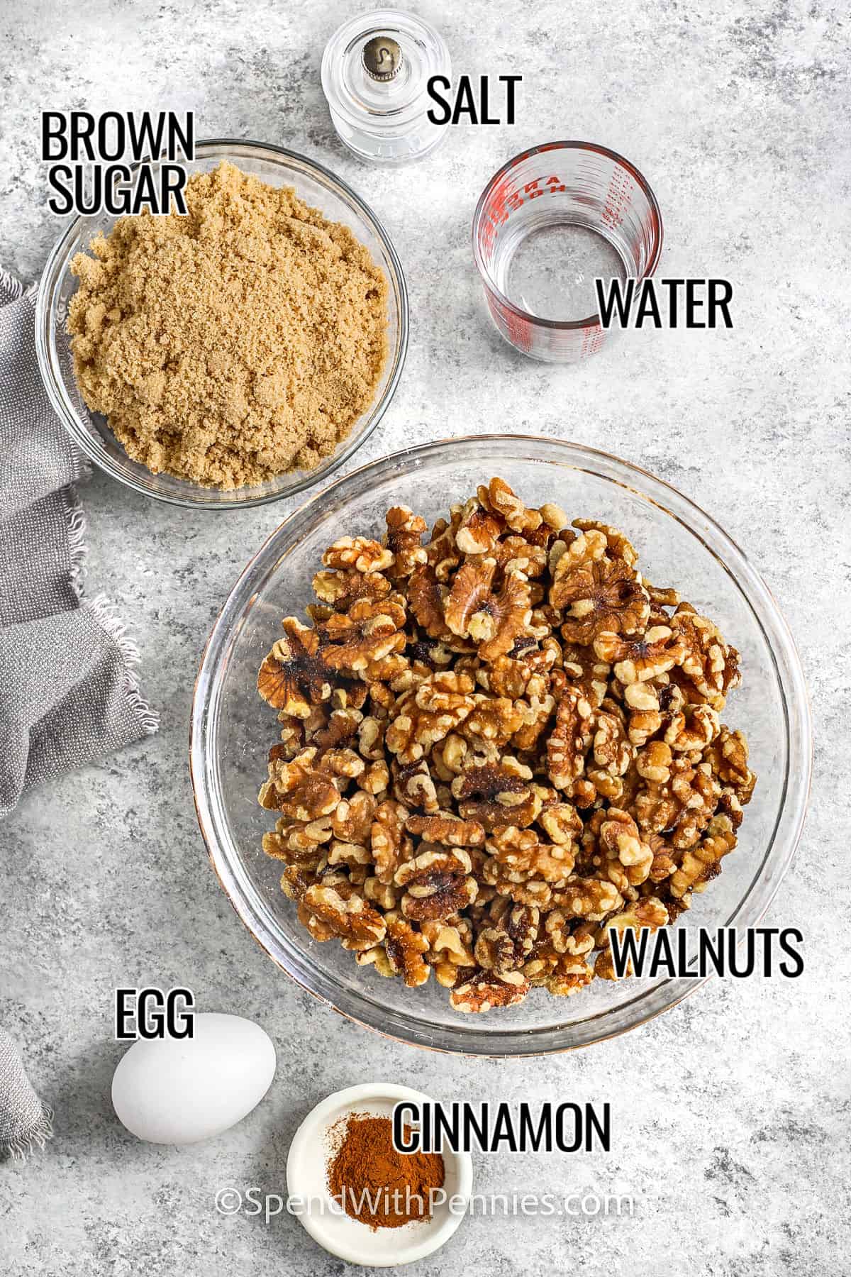 brown sugar , water , salt , walnuts , egg , cinnamon with labels to make Candied Walnuts