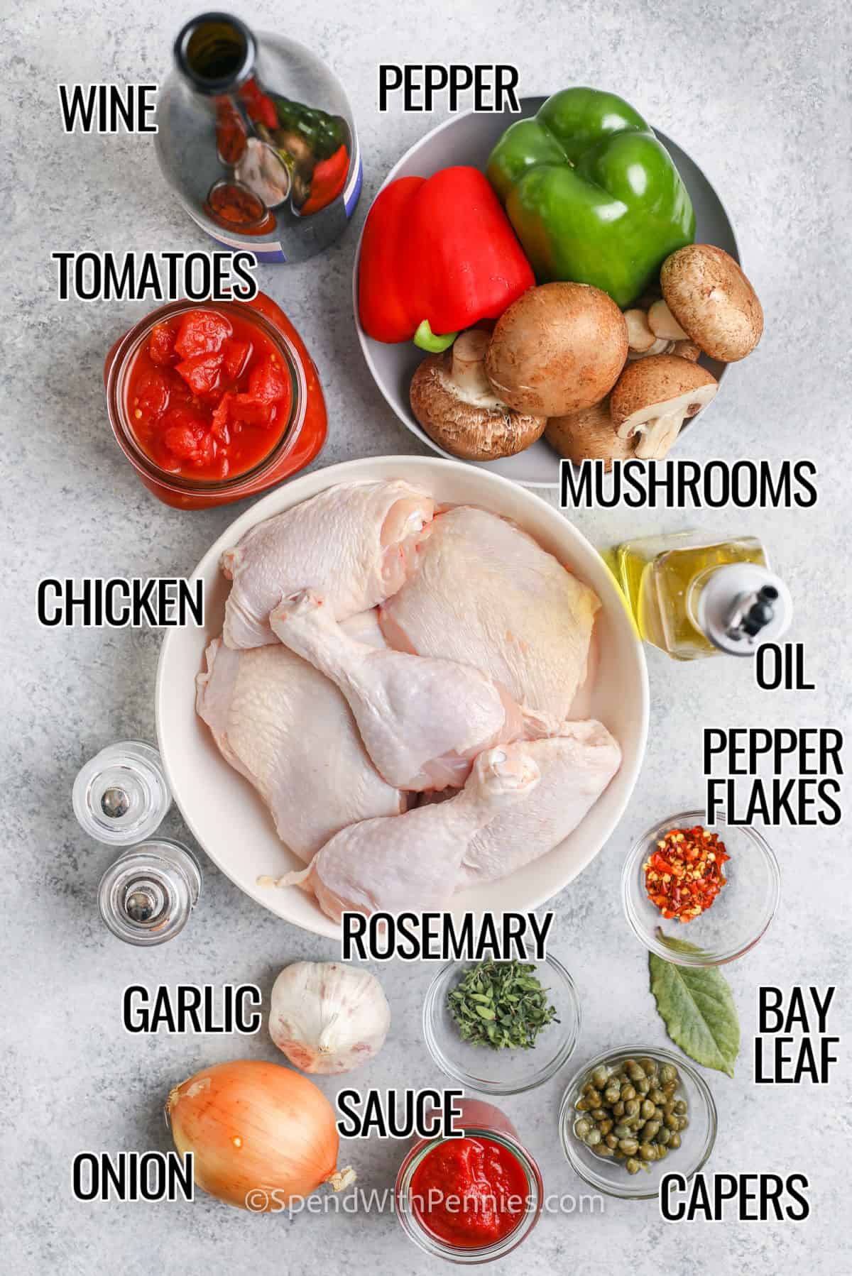 wine , pepper , tomatoes , mushrooms , chicken , oil , sauce , garlic , onion and seasonings with labels to make Chicken Cacciatore