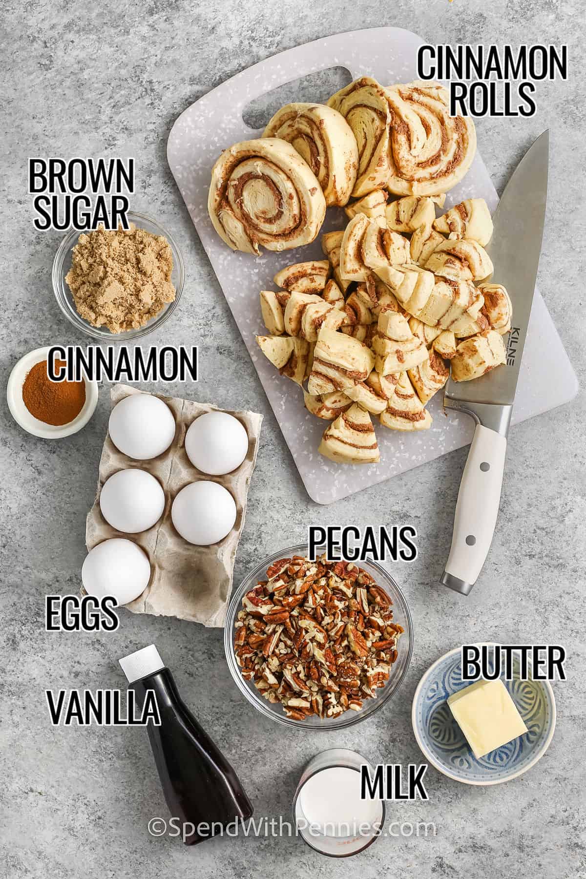 cinnamon rolls , brown sugar , cinnamon , eggs , vanilla , pecans , butter , milk , with lablels to make Cinnamon Roll French Toast Casserole