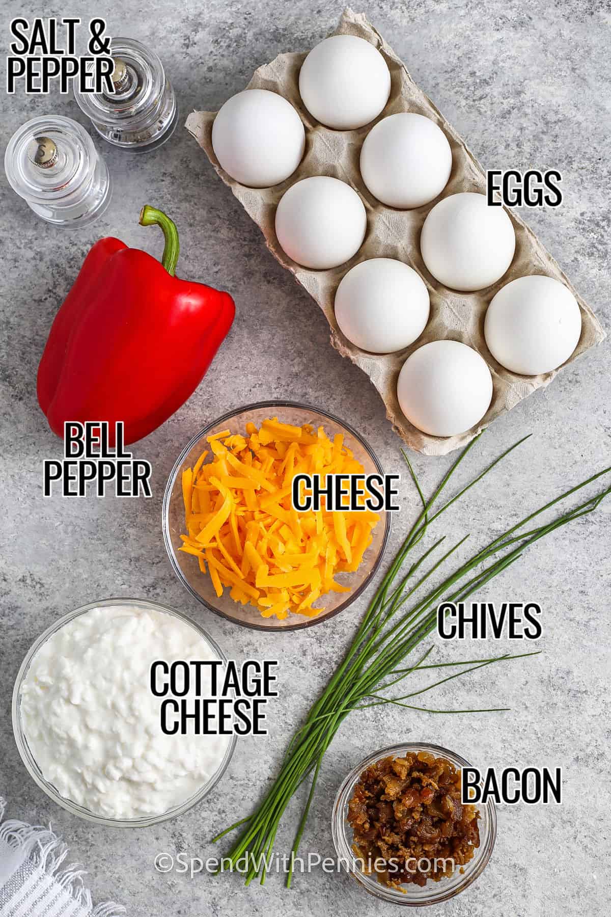 bacon , chives , cottage cheese , cheese , bell pepper , eggs , salt and pepper with labels to make Copycat Starbucks Egg Bites