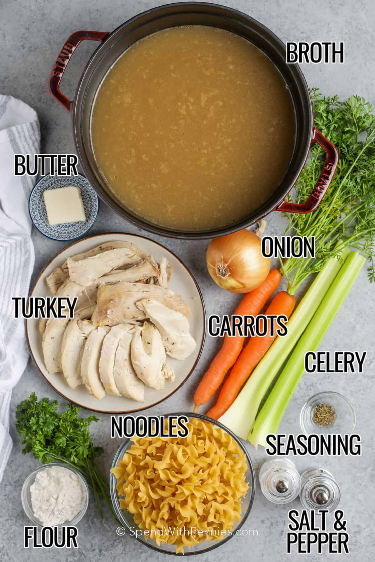 broth , butter , onion , carrots , celery , noodles , flour , turkey and seasonings with labels to make Homemade Turkey Noodle Soup