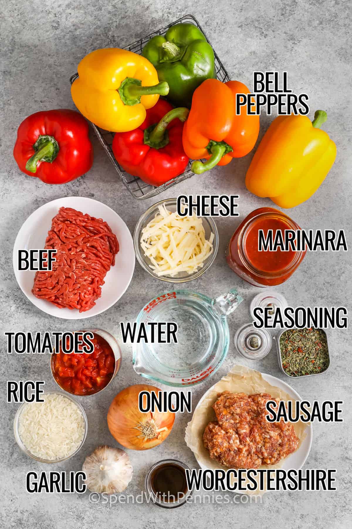 bell peppers , cheese , beef , marinara , water , tomatoes , rice , garlic , onion , worcestershire , and seasonings to make Stuffed Peppers with labels