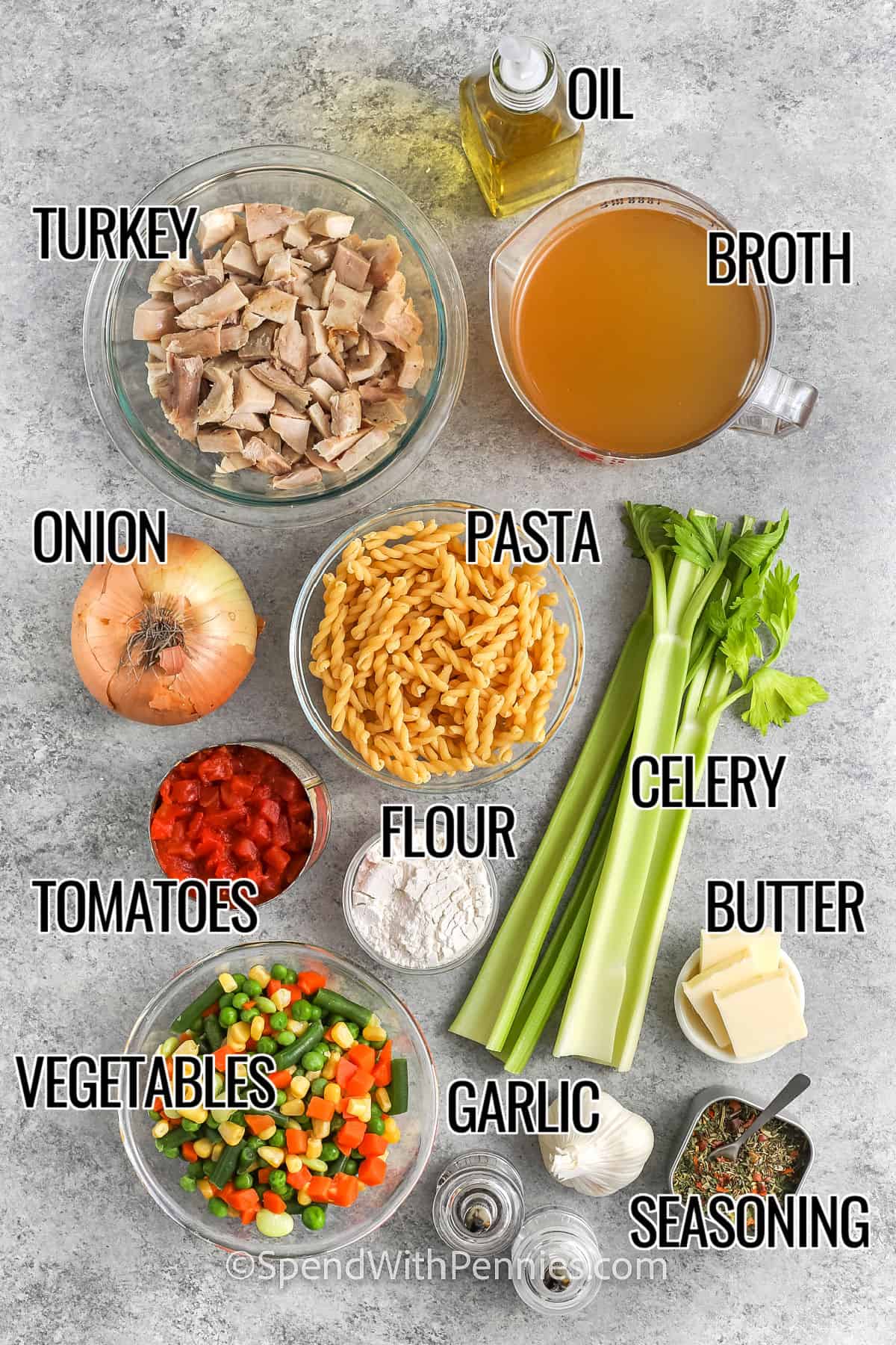 oil , broth , turkey , pasta , onion , tomatoes , flour , vegetables , celery , butter , garlic , and seasonings with labels to make Turkey Vegetable Soup