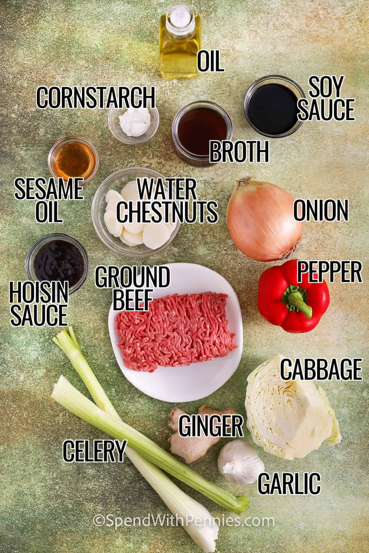 oil , soy sayce , broth , cornstarch , sesame oil , water chestnuts , onion , hoisin sauce , ground beef , pepper , cabbage , garlic , ginger , and celery with labels to make Sesame Ground Beef Stir Fry