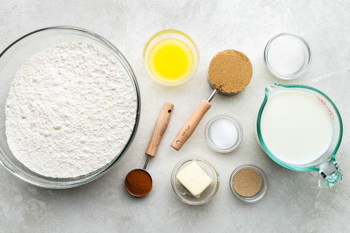 raw ingredients needed to make cinnamon swirl bread on table