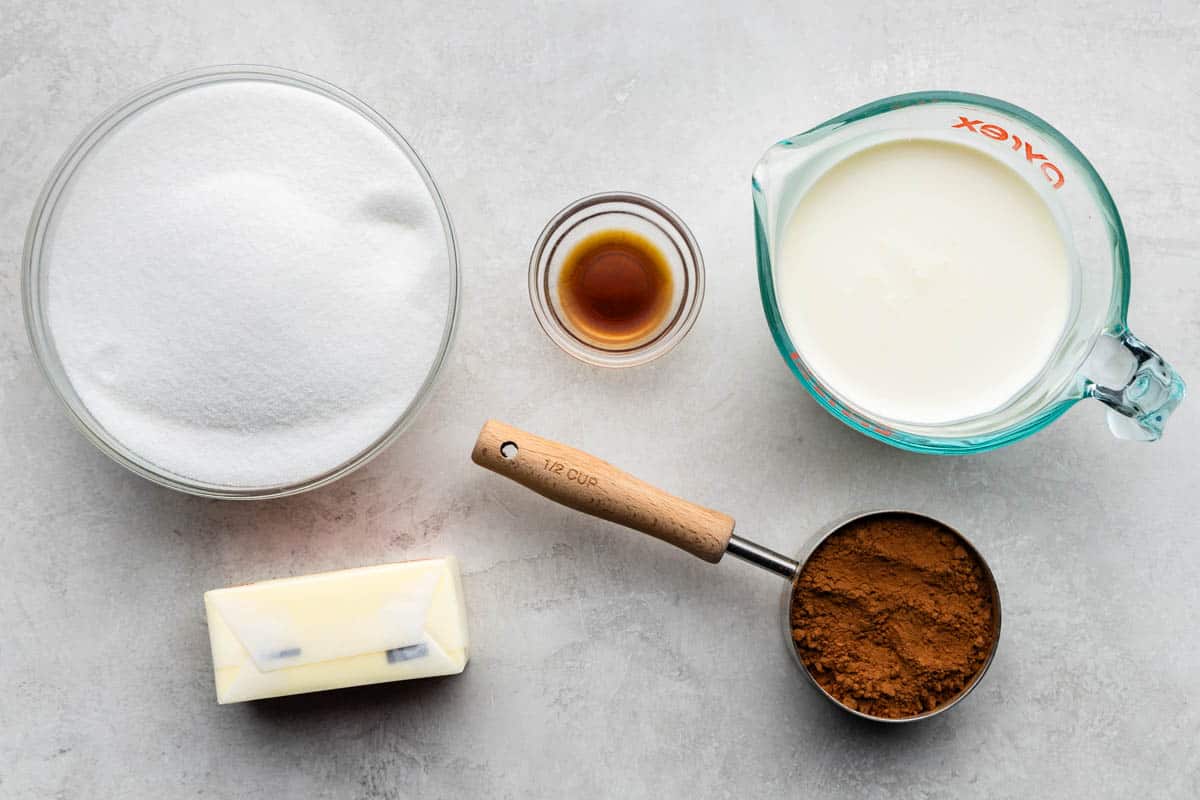 An overhead view of the ingredients needed to make old fashioned homemade fudge.