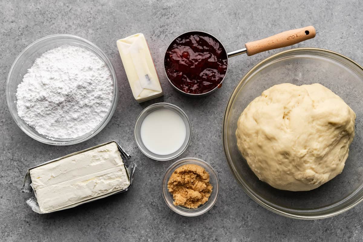 raw ingredients needed to make homemade strawberry rolls on table