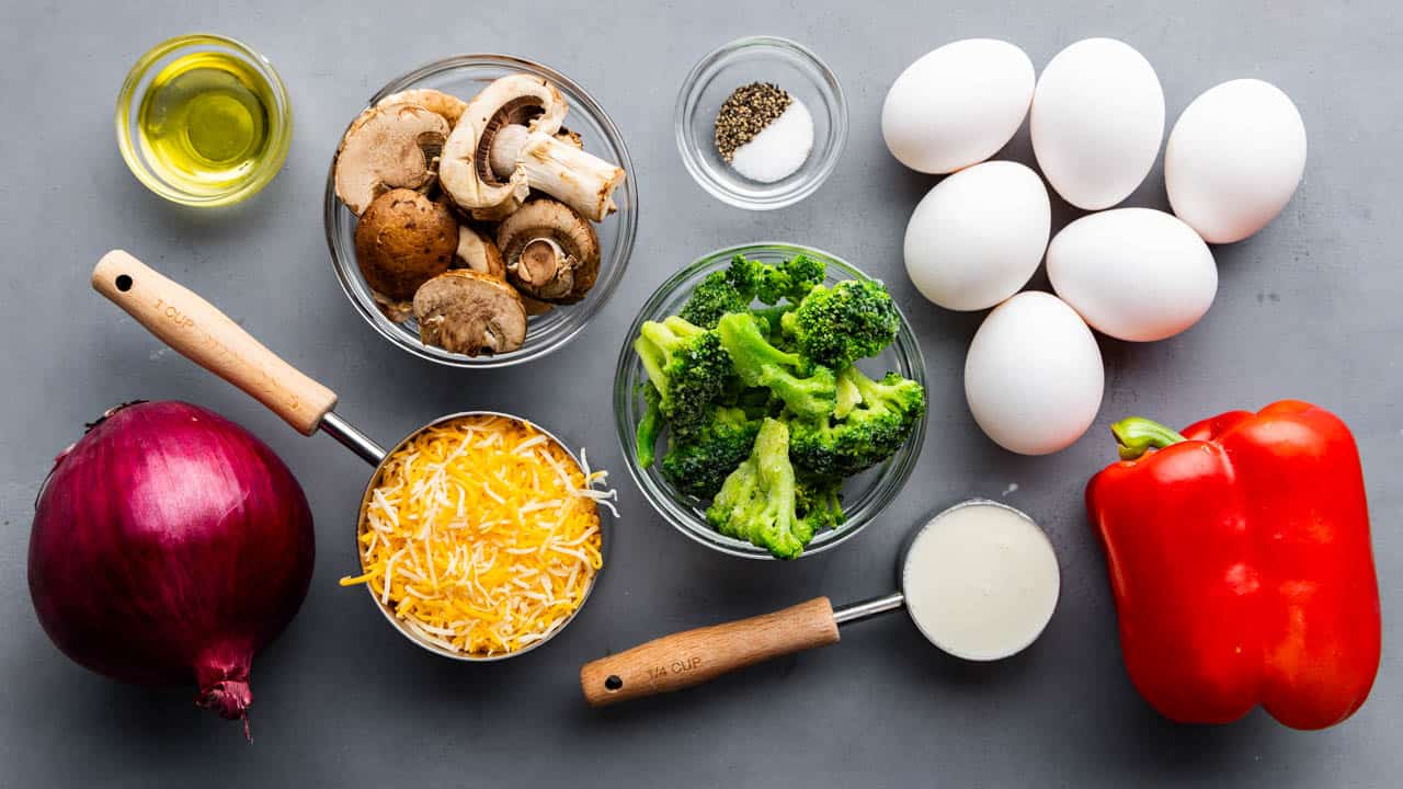 An overhead view of the ingredients needed to make a veggie frittata.