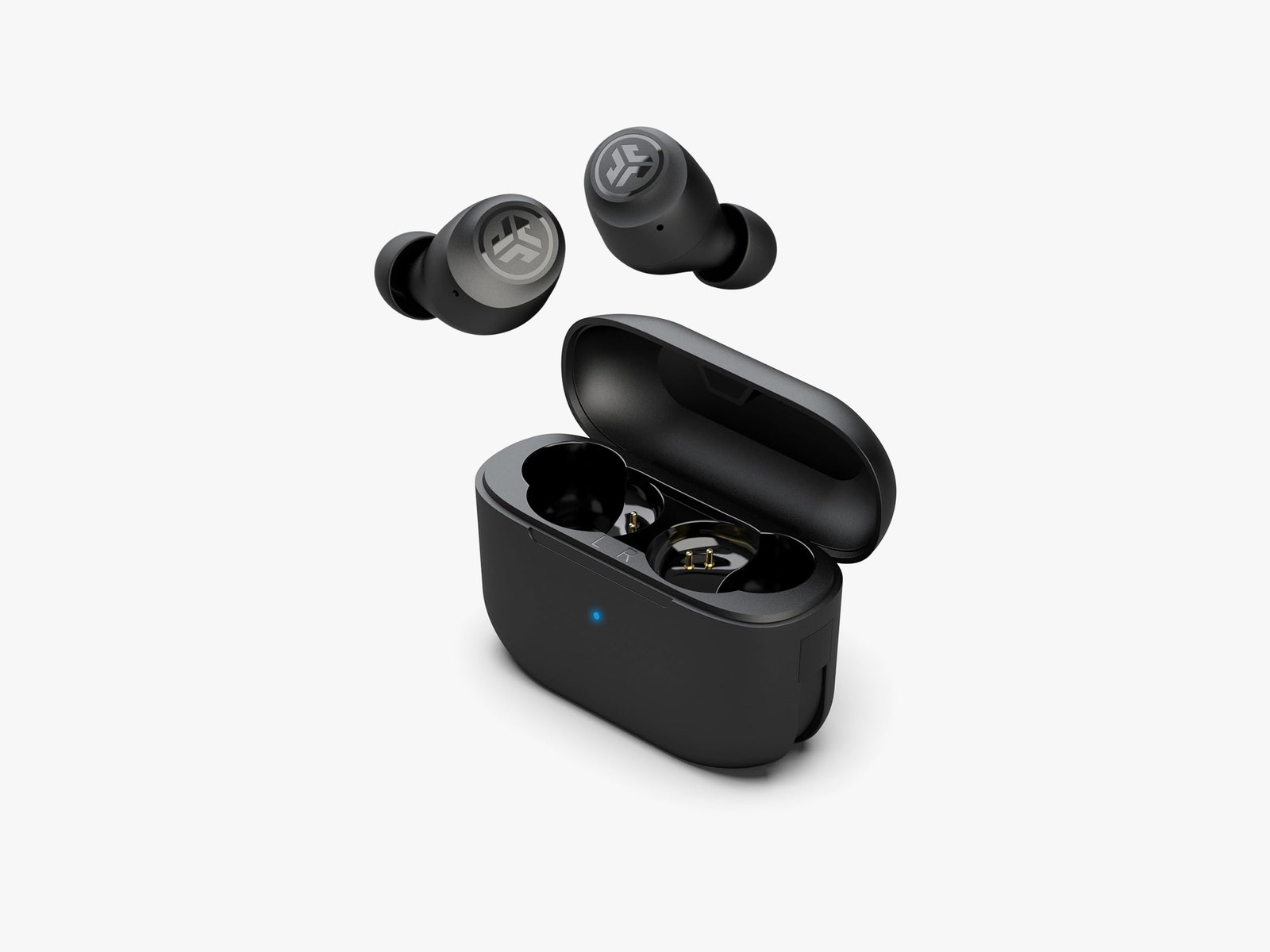 2 black earbuds floating above a black ovalshaped case