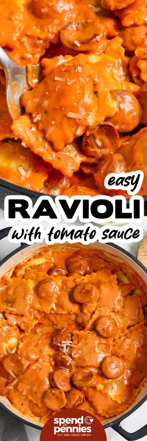 Easy Ravioli with Tomato Sauce in the pan and close up photo with a title