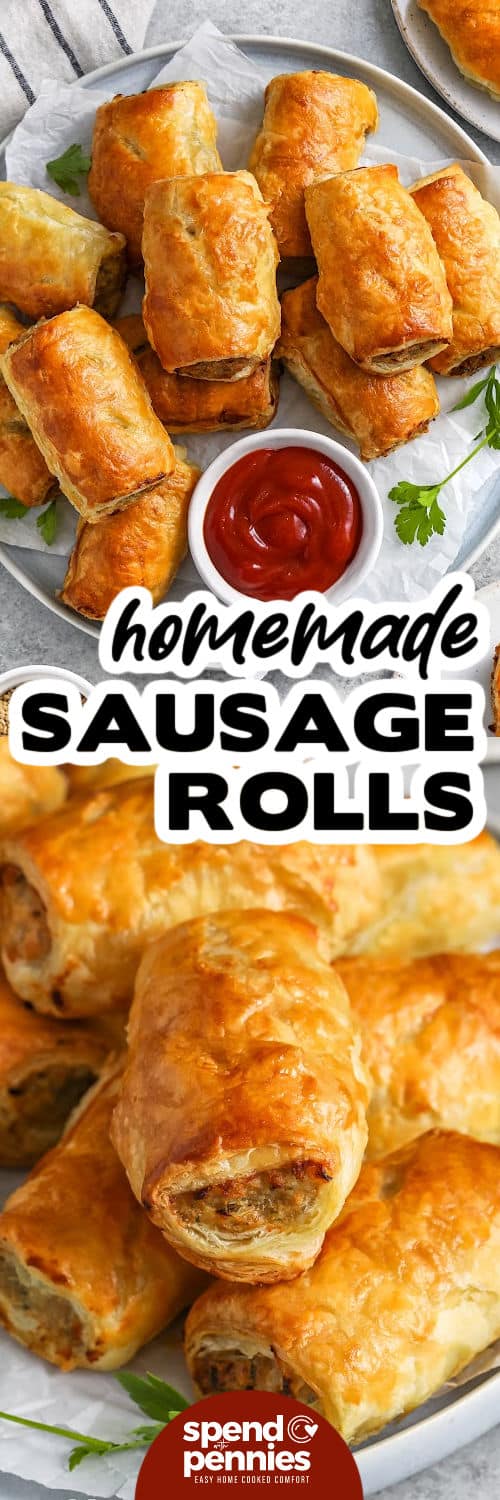 homemade Sausage Rolls on a plate and close up with a title