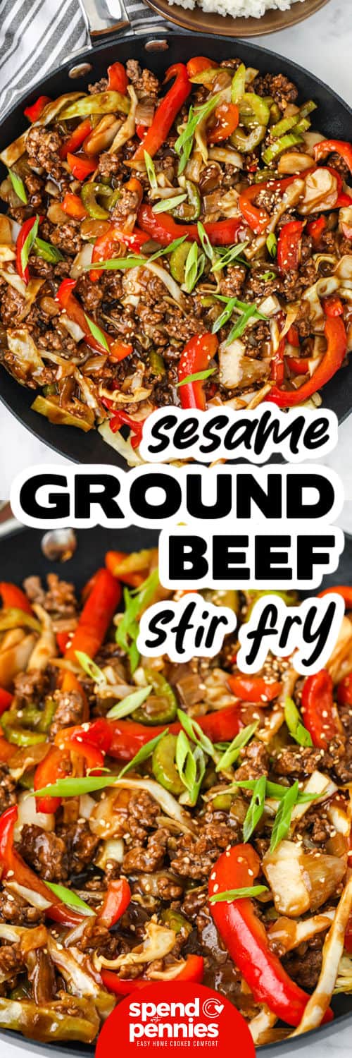 Sesame Ground Beef Stir Fry in the pan and close up with a title