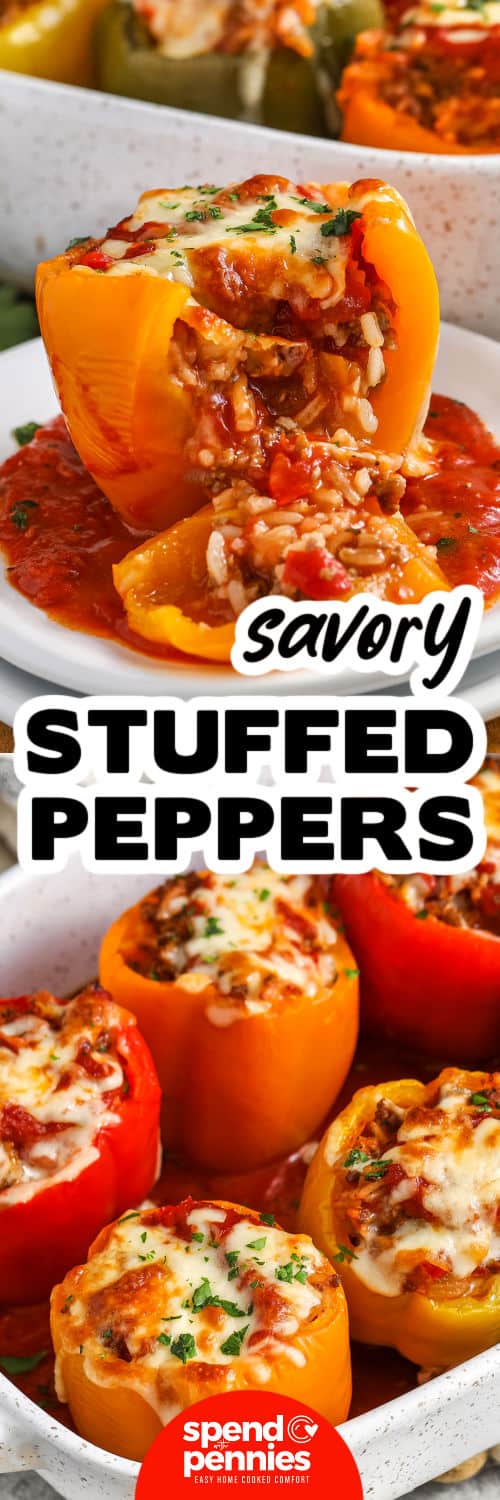 Stuffed Peppers in a baking dish and plated with a title