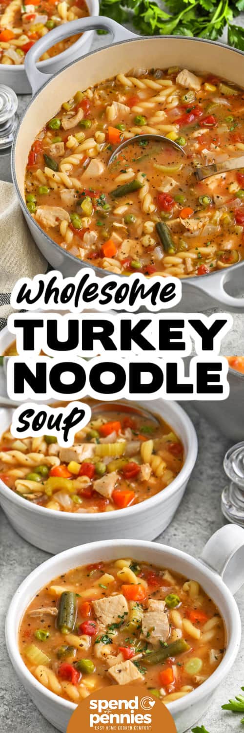 Turkey Vegetable Soup in a pot and in bowls with a title