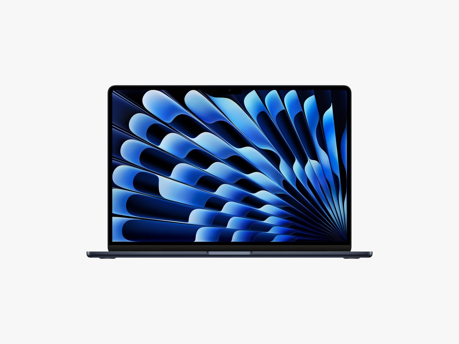 Slim black laptop with blue abstract art on the screen