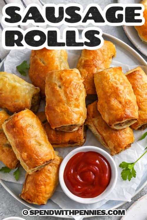 plate of easy Sausage Rolls with ketchup and a title