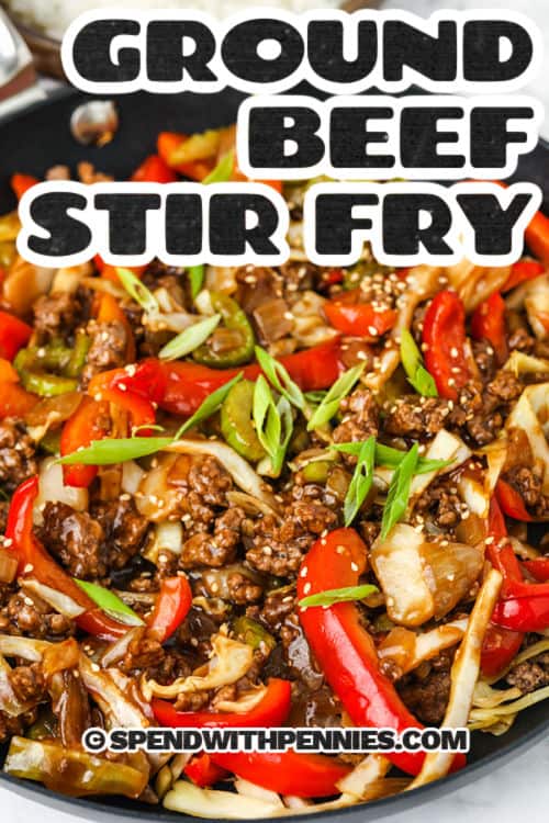 pan of Sesame Ground Beef Stir Fry with red peppers