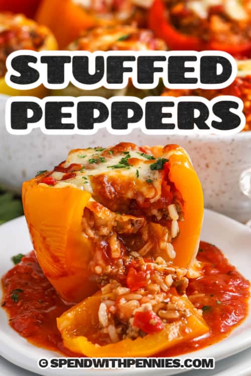 close up of plated Stuffed Peppers with a title