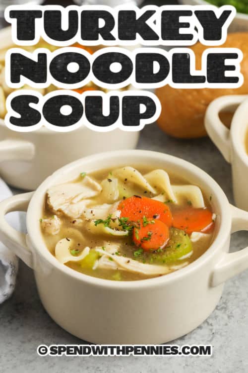 bowls of Turkey Noodle Soup with a title