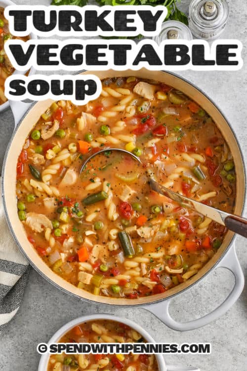 pot of Turkey Vegetable Soup with a title