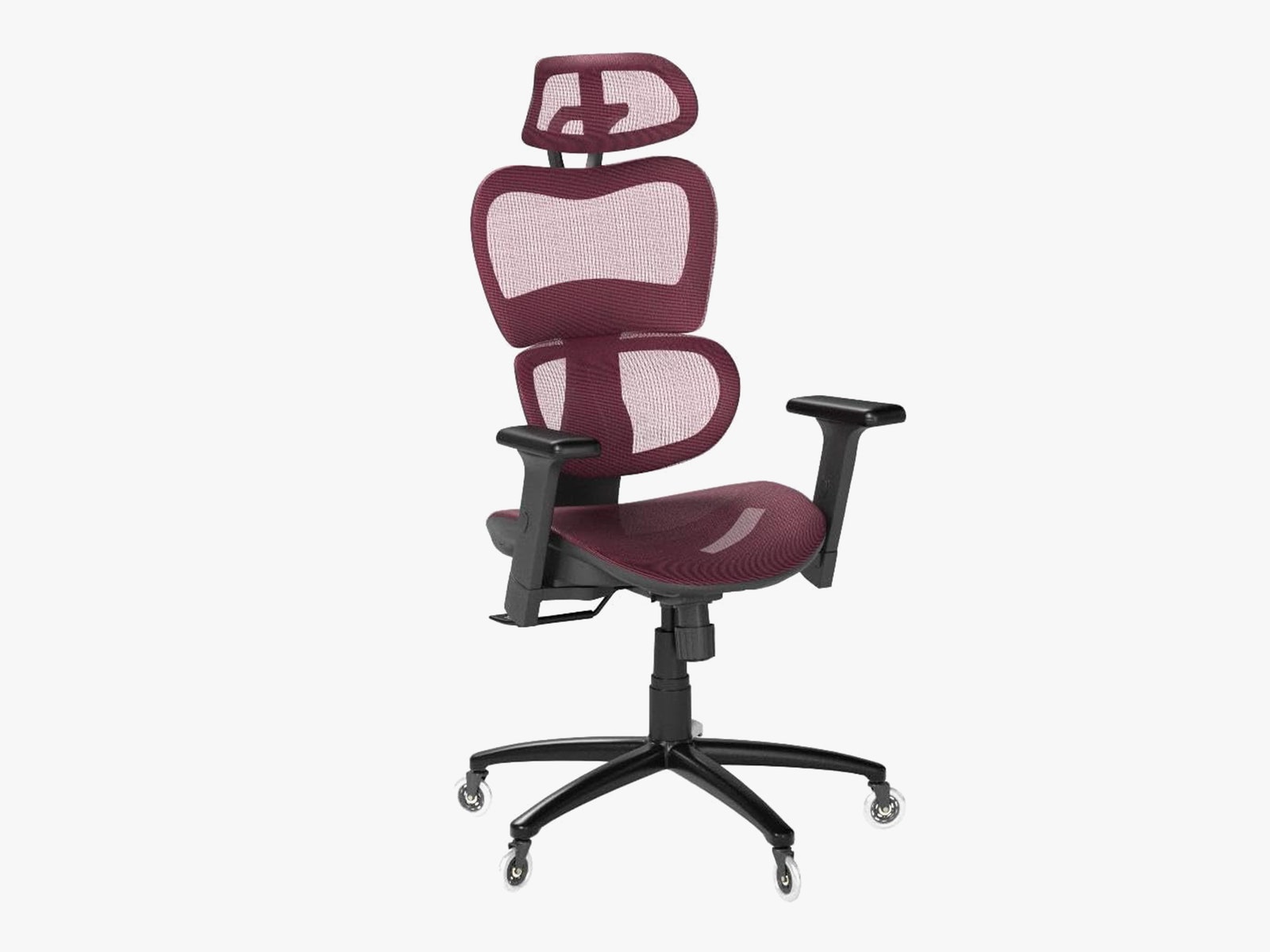 Front view of Nouhaus Ergo 3D a black office chair with red mesh components and wheels on each bottom spoke