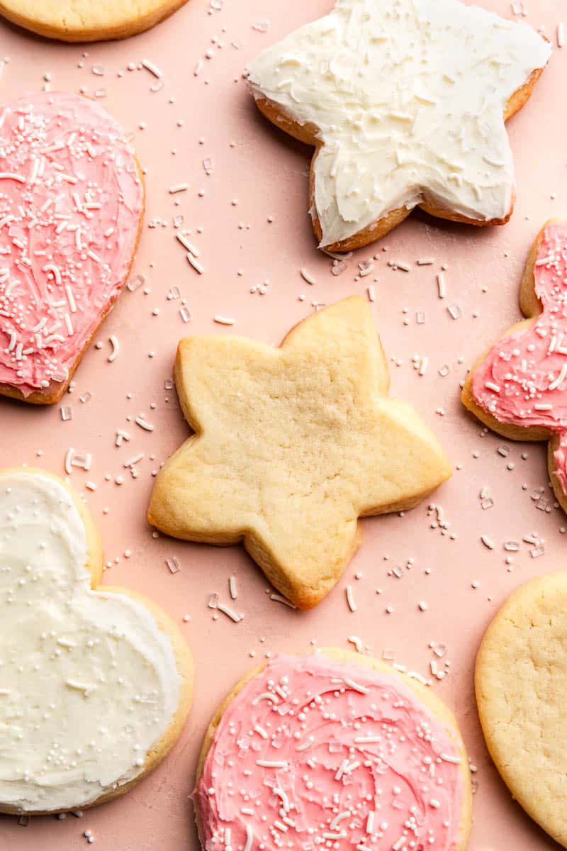 an overhead view of homemade sugar cookies on a table