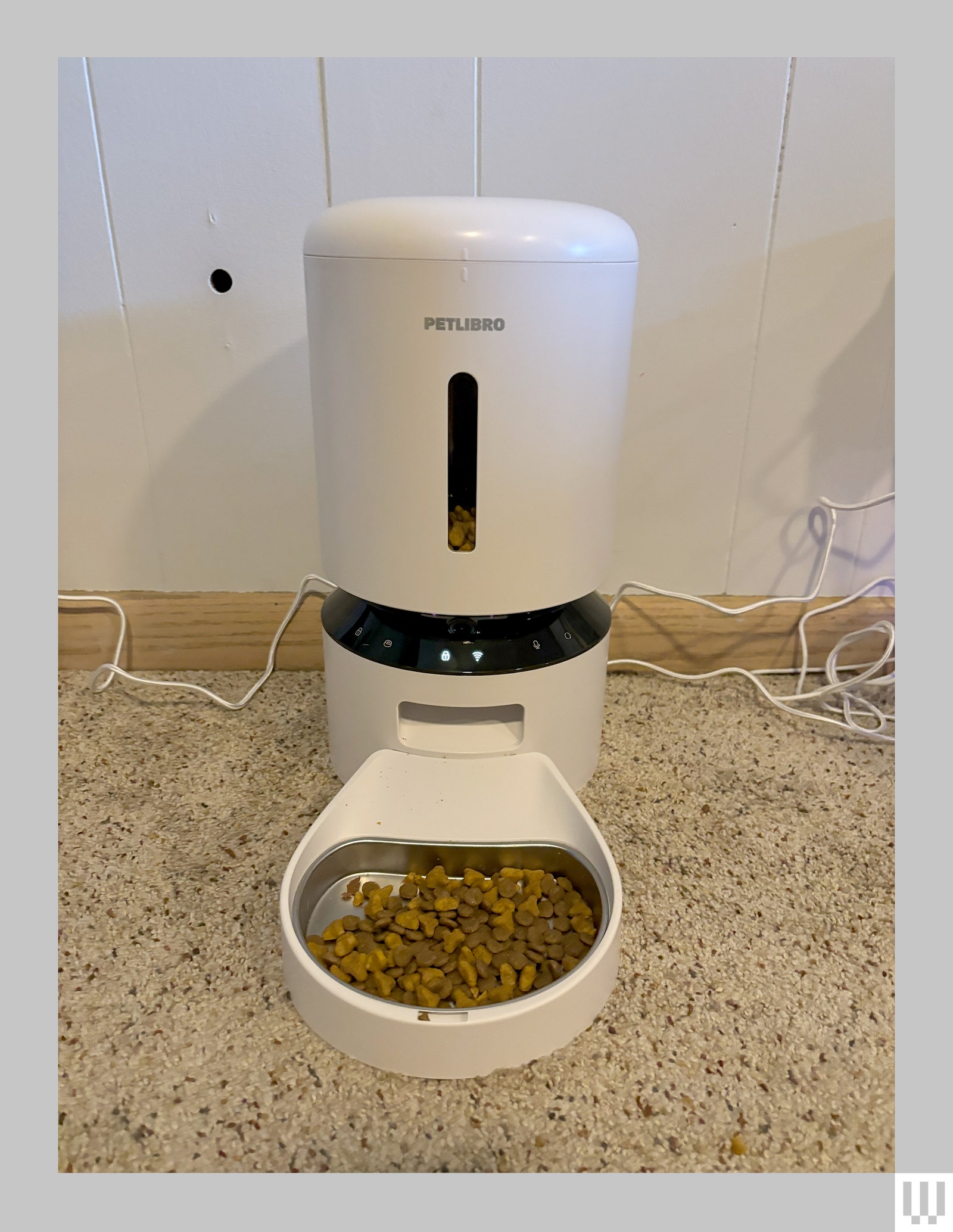 Front view of the Petlibro Granary Feeder a white cylindrical device with a bowl of cat food at the bottom