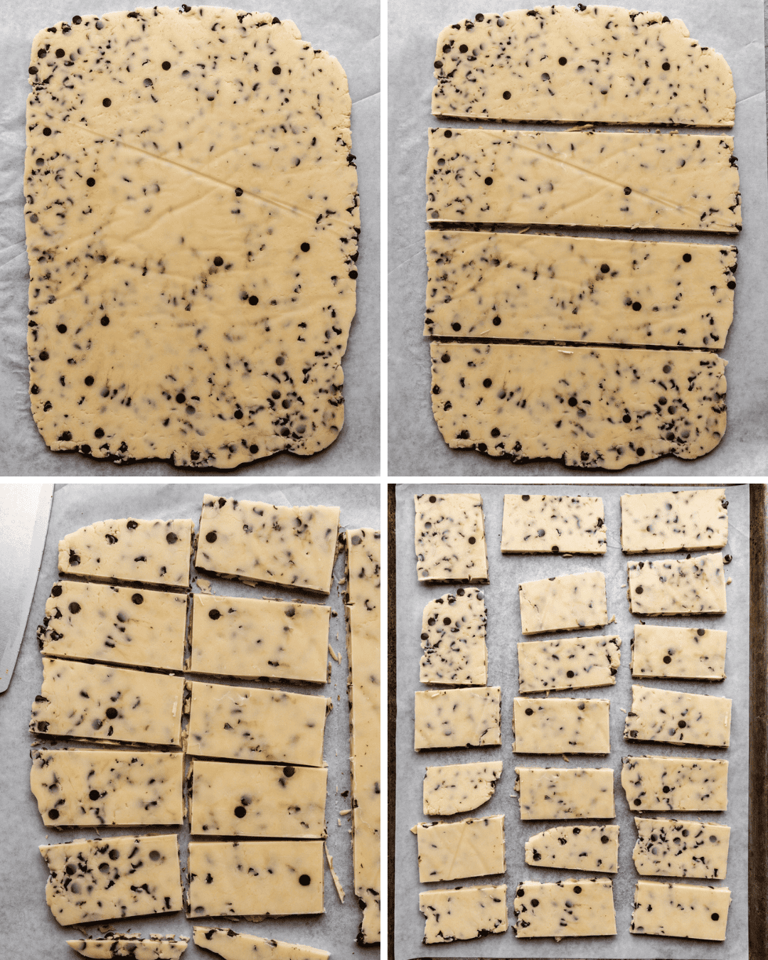 collage showing step by step how to make chocolate chip shortbread cookies