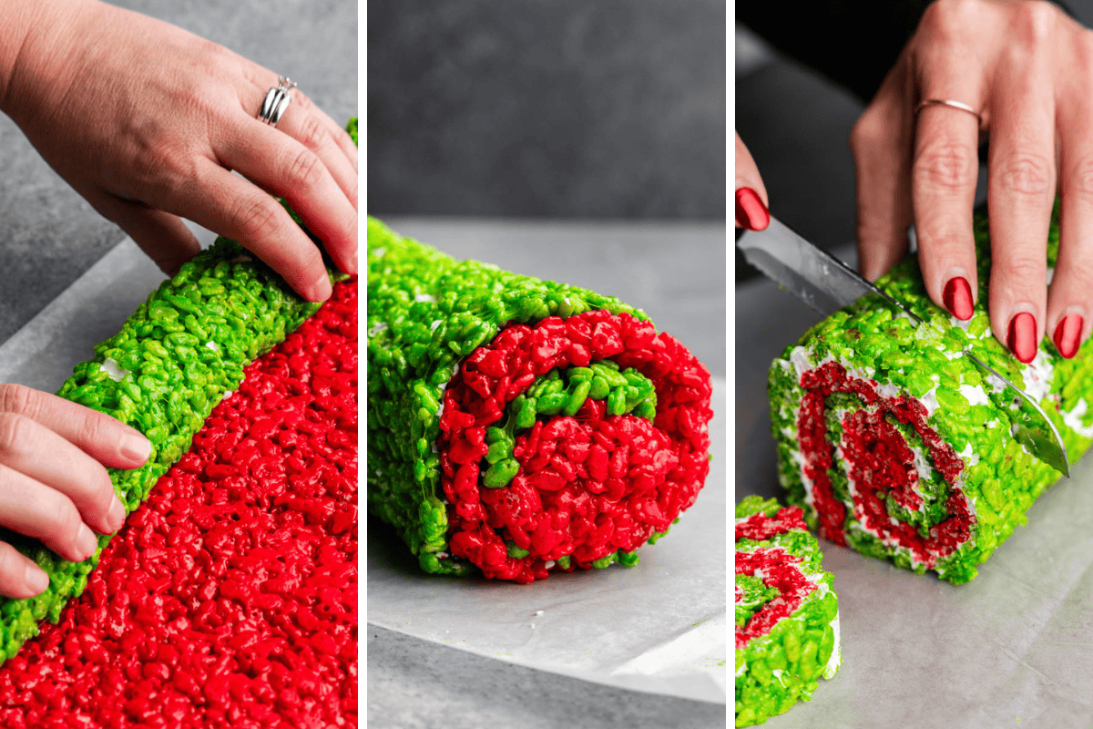 A collage of 3 images showing the process of rolling and slicing Christmas rice krispie treat pinwheels.