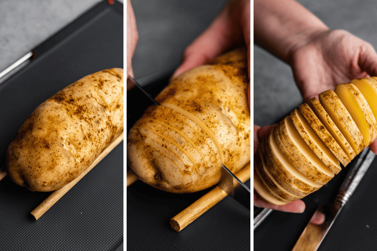 A collage of images showing how to cut a potato hasselback style.