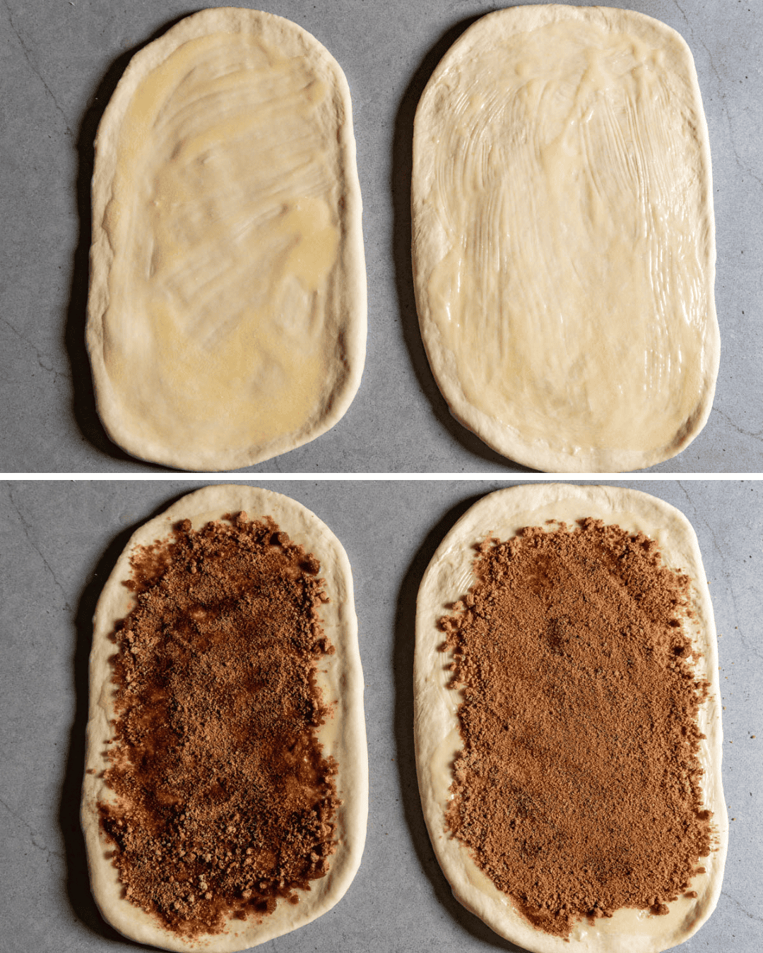 A collage of images showing the layers of butter and cinnamon sugar on a swirl bread loaf.