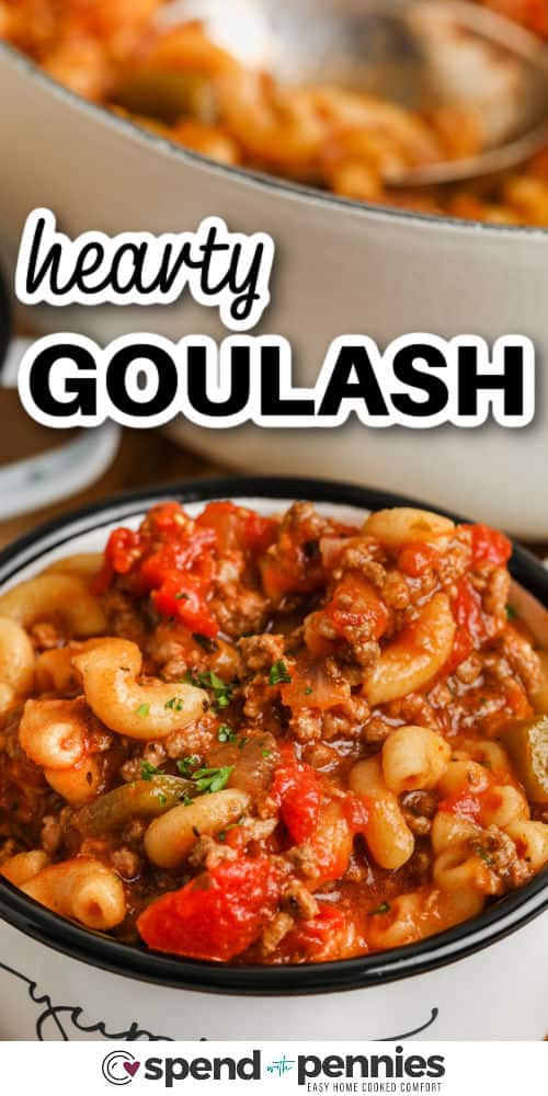 close up of American Goulash with a title